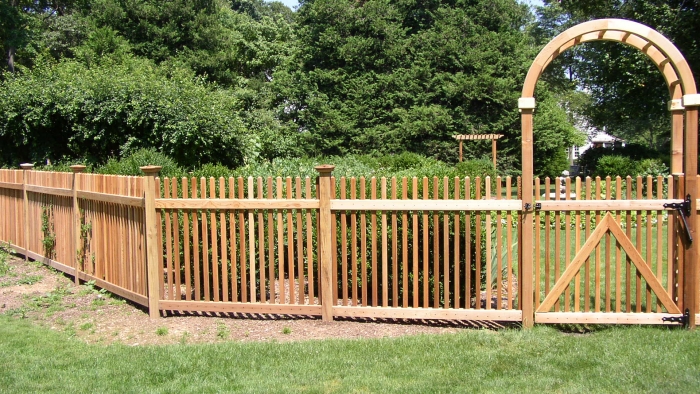 Custom Wood Picket Fencing with Cedar Arbor